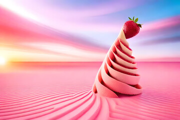 A pink ice cream cone with a strawberry on top.