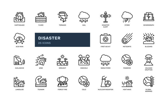 Natural Disaster Catastrophe Warning Alert Detailed Outline Line Icon Set