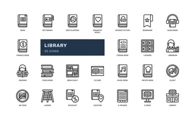 library or bookstore book for education school detailed outline line icon set