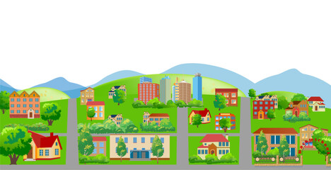 City outskirts with streets, buildings, and trees in summer season. Vector illustration to be used for various purposes.