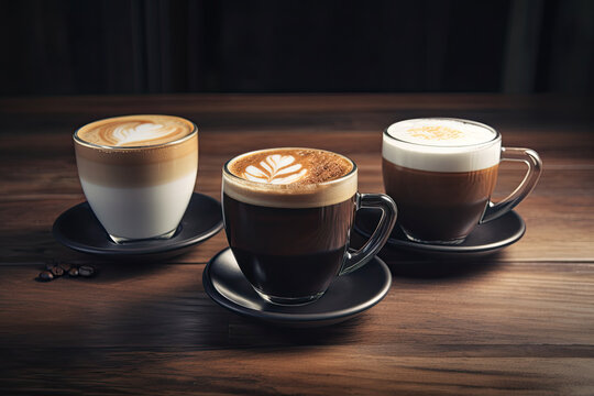 Coffee cups with latte art on the wooden table. Generative AI