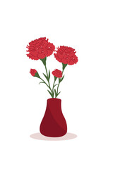 Red carnations bouquet in a vase. Flat vector illustration.Collection for Mother's Day, victory day