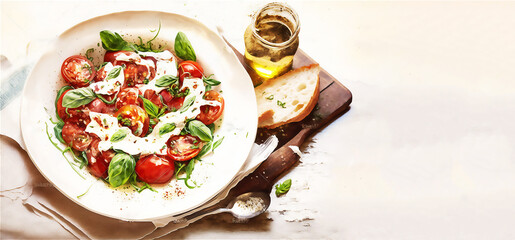 Italian salad caprese. Healthy food. Watercolor illustration. Generated AI. - obrazy, fototapety, plakaty