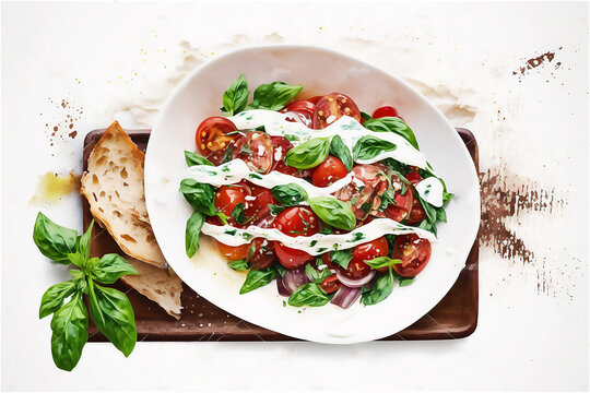 Italian salad caprese. Healthy food. Watercolor illustration. Generated AI.