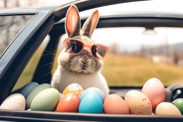Fototapeta na wymiar Cute Easter Bunny with sunglasses looking out of a car