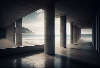 Abstract large, empty, modern concrete room with row of sloped pillars, divider wall, rough floor and view to the outside with ocean and sky background on the left. Generative AI
