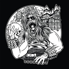 black metal band holding skull with castle Black and White illustration