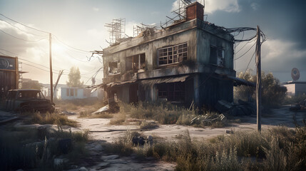 Fototapeta premium Post-apocalyptic ruined city. Destroyed buildings, burnt-out vehicles and ruined roads