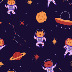 Cosmic seamless pattern with cute animals astronauts, alien ships and planets. Wild animals in outer space. Vector illustration in a flat style. International Day of Human Space Flight and