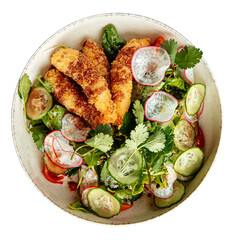 Fresh salad with tempura batter fried shrimp