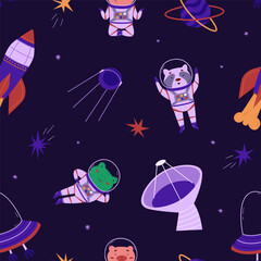 Fototapeta premium Cosmic seamless pattern with cute animals astronauts, rockets and alien ship. Wild animals in outer space. Telescopes and satellite. Vector illustration in a flat style. International Day of Human
