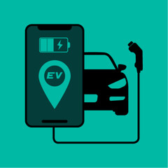 Electric car charging station point application on moblie, Electric vehicle charging, Vecter illustration.