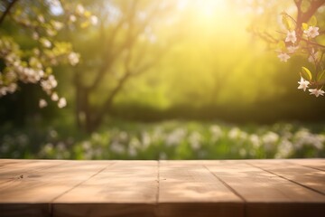 Empty table in front of blurred Garden of spring background. Generative AI