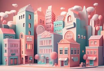 Obraz na płótnie Canvas Pastel Cityscape: Cute Kids' Concept Illustration of Buildings and Urban Life. Generative AI