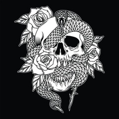 Viper and Skull Black and White  illustration