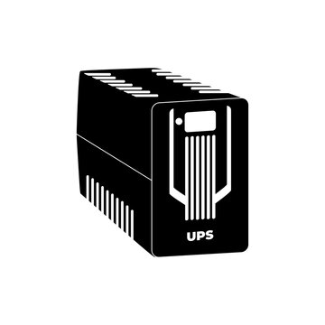 Computer UPS black icon vector illustration in trendy simple design style. Uninterruptible power supply, Accumulator battery power bank backup for computer. Editable graphic resources.