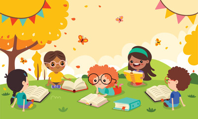 Children Reading Book At Nature