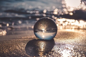 Abstract idea with water with an interesting effect. Glass ball on a blurred background on a...