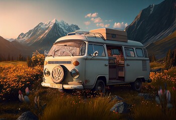 Camper Van Summer Trip. Generative AI