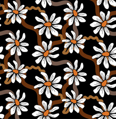 Abstract Hand Drawing Daisy Flowers with Brush Strokes Wavy Lines Seamless Vector Pattern Isolated Background