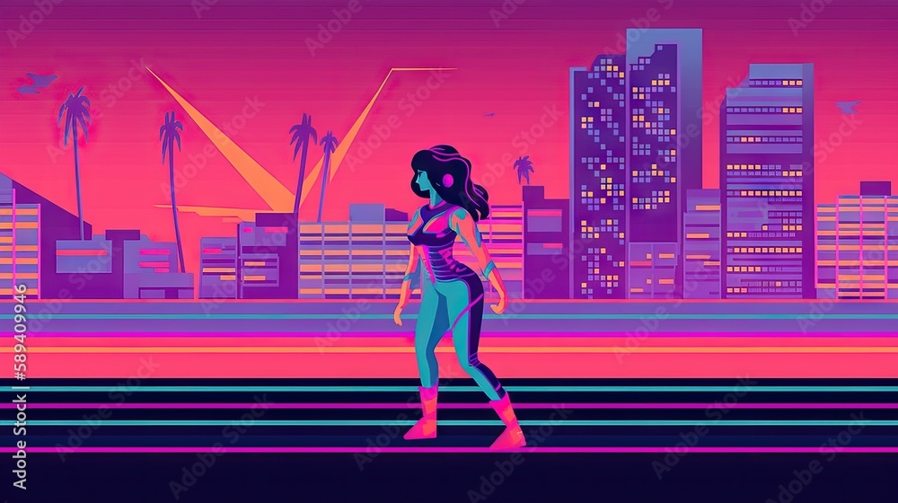 Wall mural Beach and sunset in synthwave style. California beach. Pixel art by ai, Generative AI - Wall murals