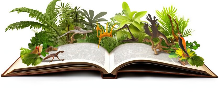 Open book revealing the jungle. Eco concept. Isolated on white background, Generative AI