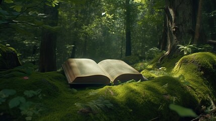 Open book revealing the jungle. Eco concept. Generative AI	
