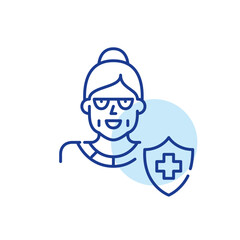 Health insurance for older people. Elderly woman with medical care coverage. Pixel perfect, editable stroke line icon