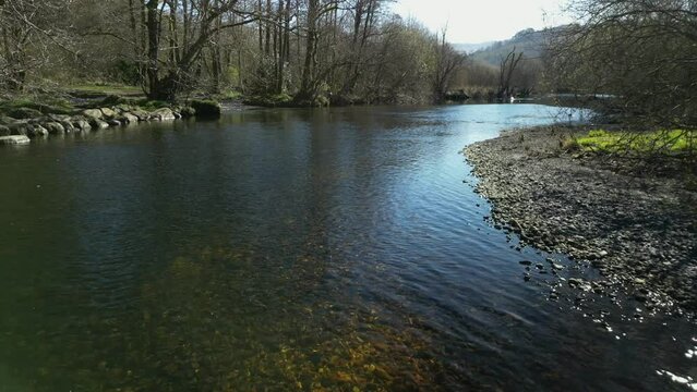 River Rothay slow motion with distant swan swimming near Rydal Water in the English Lake District Cumbria