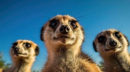 Portrait of meerkat family, Meerkats, watching arround wildlife, Blue sky, Generative AI