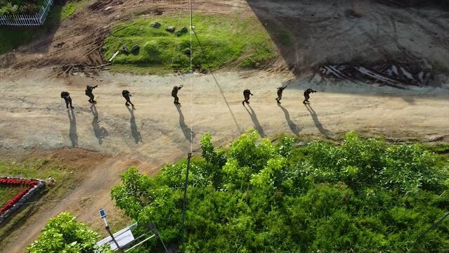 Aerial shot of a Tactical line formation of an army on a combat