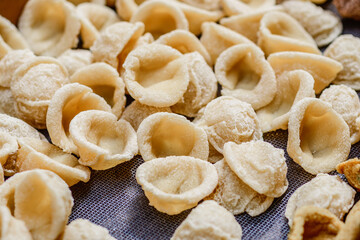 Fresh orecchiette or orecchietta, made with durum wheat and water, handmade pasta typical of Puglia or Apulia, a region of Southern Italy, close up