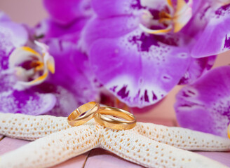 Golden wedding rings on white starfish behind purple orchids on pink wooden board. Celebrations, ceremonies, honeymoon