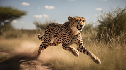Beautiful running cheetah. Fastest wild cat illustration. Wild nature outdoor background. Generated with AI.