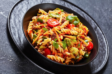 pasta salad with ground beef and veggies in bowl