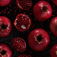 Seamless pattern with beautiful ripe and delicious pomegranates. Juicy fruits endless texture. Organic vitamin food background. Generated with AI.