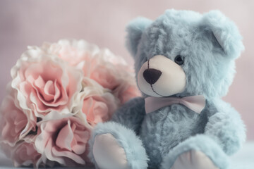 Abstract background of blue teddy bear with pink flower. Generative AI