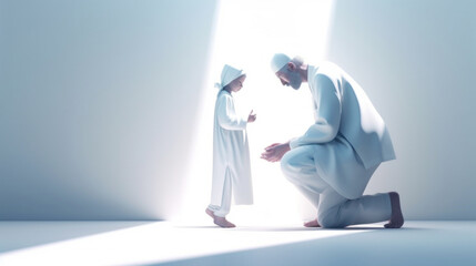 A touching depiction of a father and child bonding over their shared Islamic faith and tradition, praying together on a light background. Generative AI