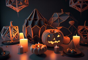 Low Polygon Halloween Room Scene with Illuminated pumpkins, Table and Candles. Halloween background with copy-space. Generative AI