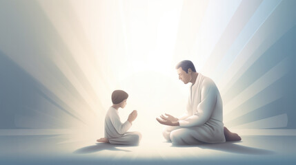 A heartwarming scene of an Arabic Muslim father and his child in deep prayer on a light background. Generative AI