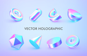 Set 3d hologram figure. Vector gradient geometric object. Holographic iridescent donut, cylinder,cone,ring,capsule, icosahedron. Element modern trendy design.