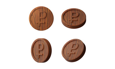 Stylized wood texture ruble coin isolated on light gray background. 3D rendering. Editable elements, for casino banner, cash, jackpot. Coin dropping