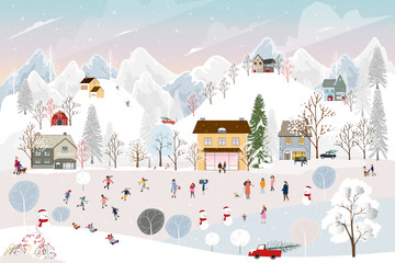 Winter landscape with snow fallingon Christmas night in village,Vector banner cute Winter Wonderland in the town with Happy people celebration in the park,Merry Christmas,New year 2024 card background
