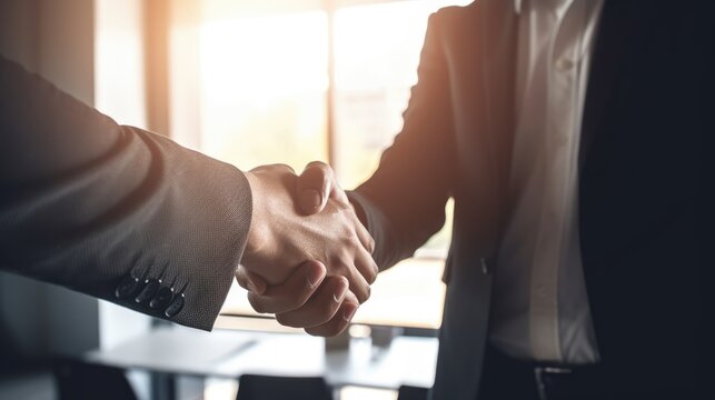 Businessmen making handshake in the office with light flare - business manner, etiquette, congratulation, collaboration, and finishing up a meeting.