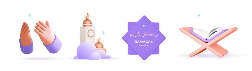 3d muslim icon for Ramadan, Eid Fitr. Islam mosque, hand prayer rehal,holy quran,arabic shape ,badge text. Vector realistic illustration