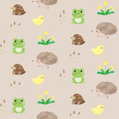 Naklejka premium 小さなどうぶつたちとタンポポのパターン