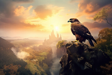 eagle sitting on a rock at sunset, beautiful fantasy view, Generative AI