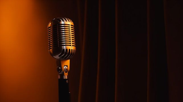 Vintage style microphone in studio. Vivid color banner with copy space on dark red background