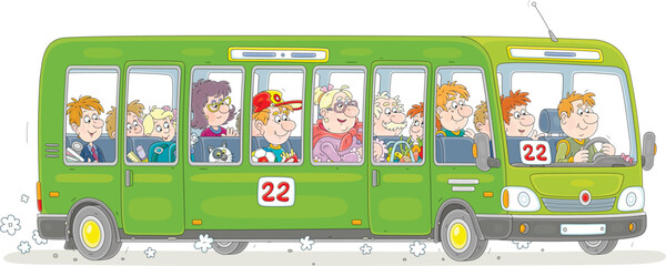 Green city bus with a funny driver and noisy passengers hurrying about their business, vector cartoon illustration isolated on a white background © Alexey Bannykh