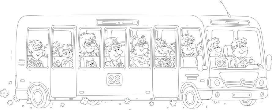 Urban bus with a funny driver and noisy passengers hurrying about their business, black and white vector cartoon illustration for a coloring book